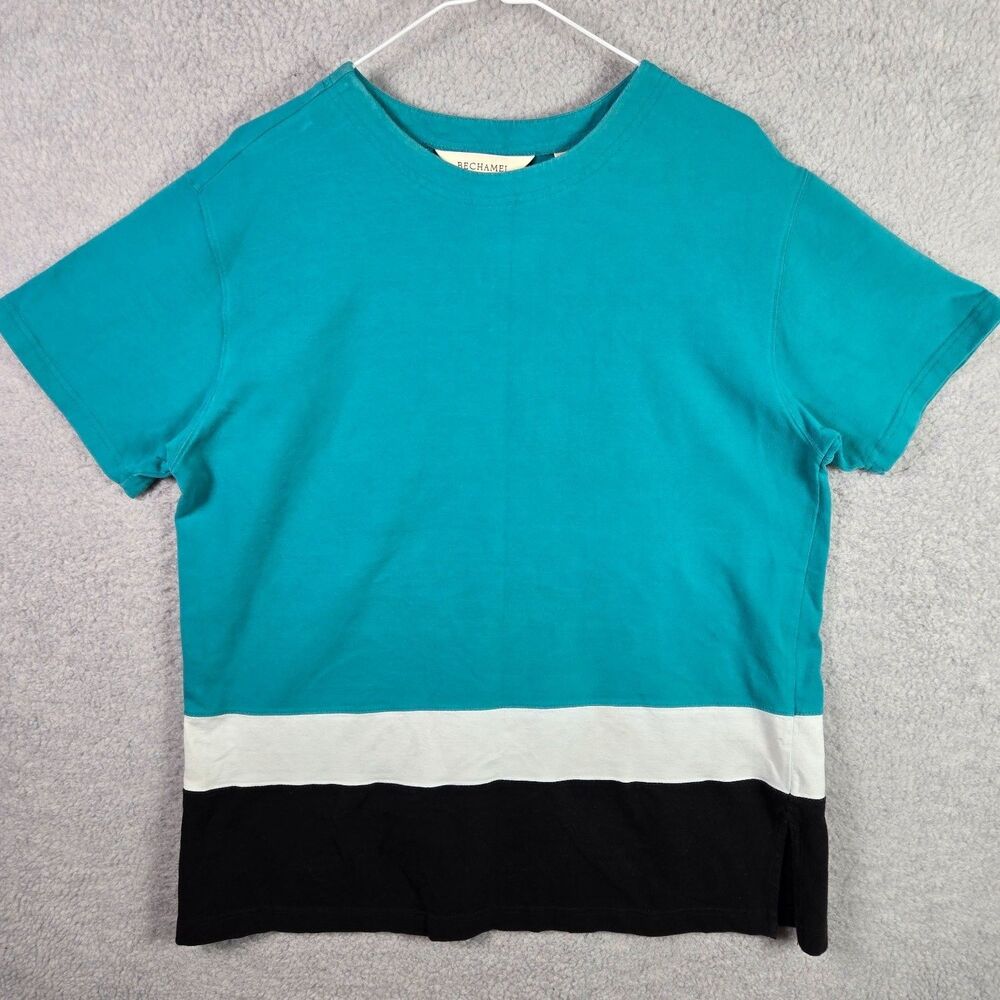 Bechamel Women's Large Colorblock T-Shirt Teal White Black Crewneck Short